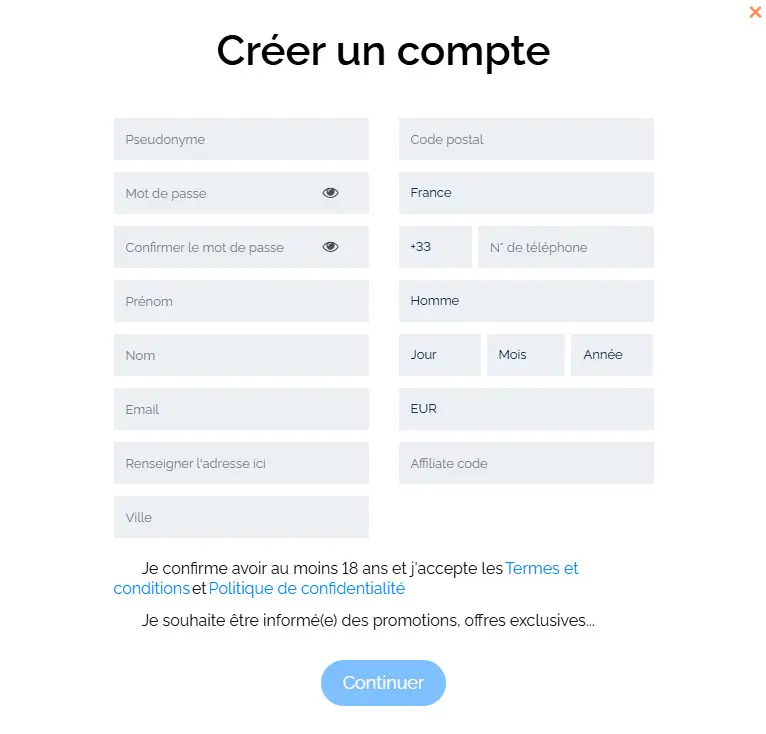 Processus d'inscription Lucky Treasure Casino
